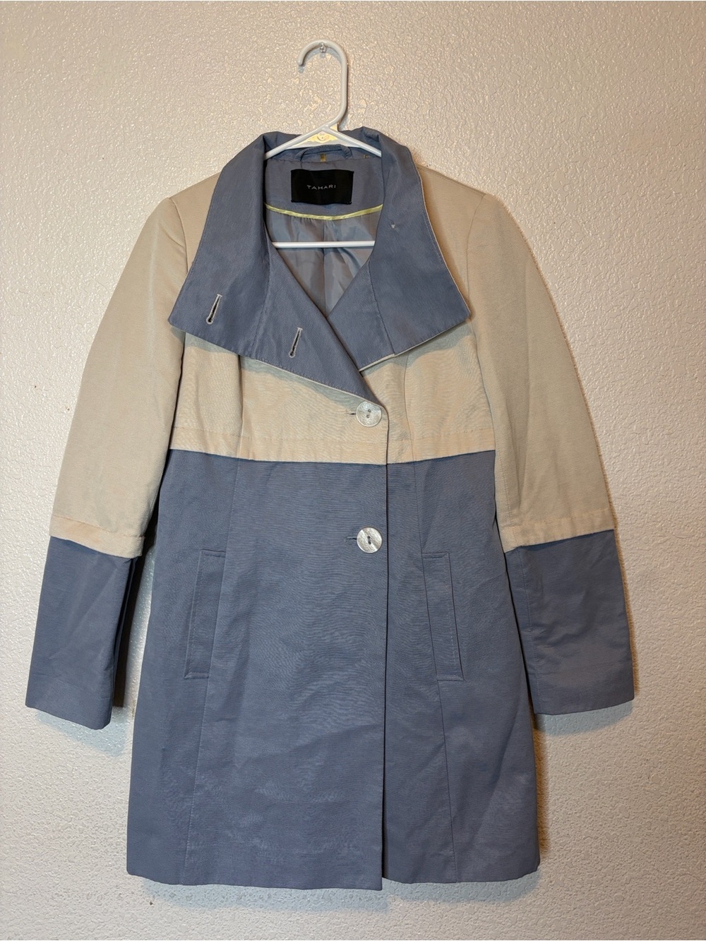 Tahari Beige and Gray Colorblock Trench Coat